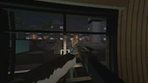 Seen from inside a house, an armed player outside aims back through the front window.