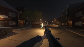 First-person view down a lamp-lit street at night with a rifle raised. An opponent stands lit up in the road near traffic cones.