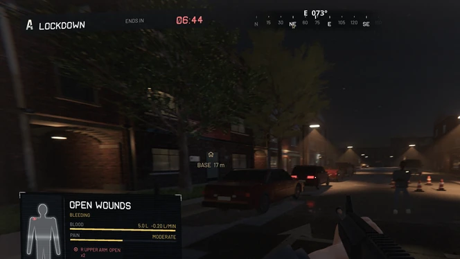 First-person view down a lamp-lit street at night, with the casualty card open in the lower left.