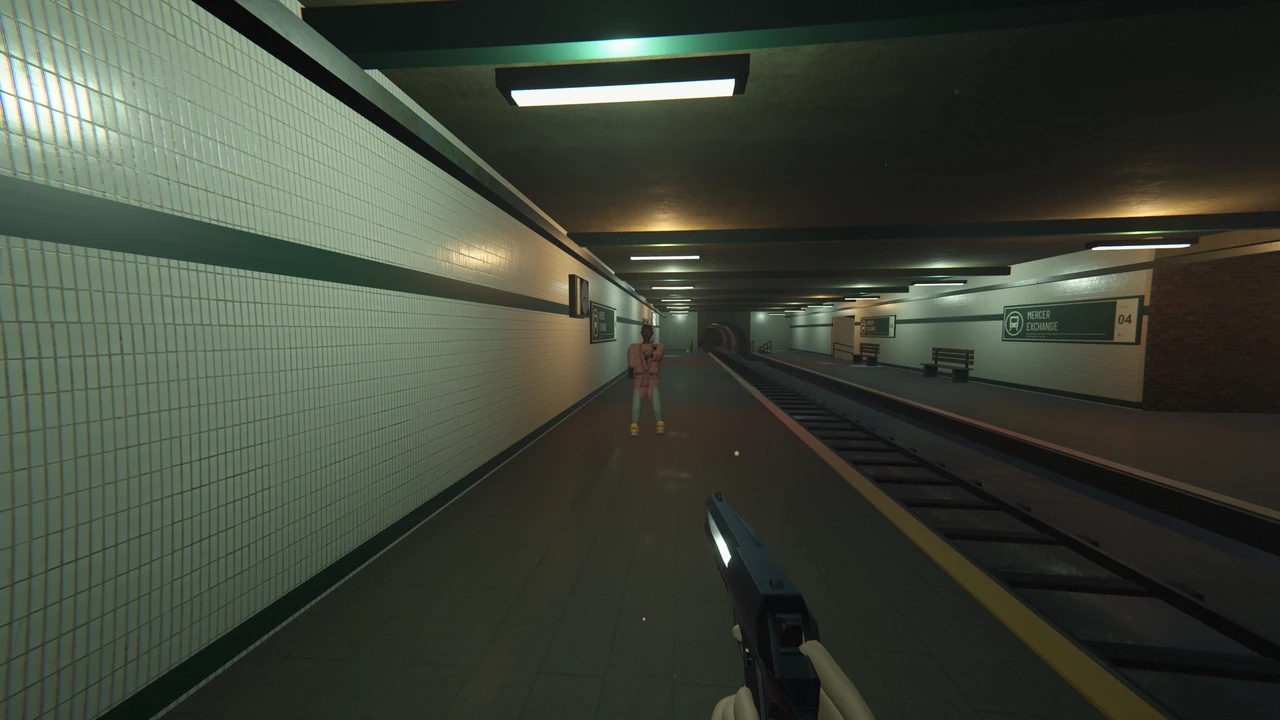 A green-tiled subway platform. A figure in a pink jacket walks toward the camera, with a pistol raised in the foreground.