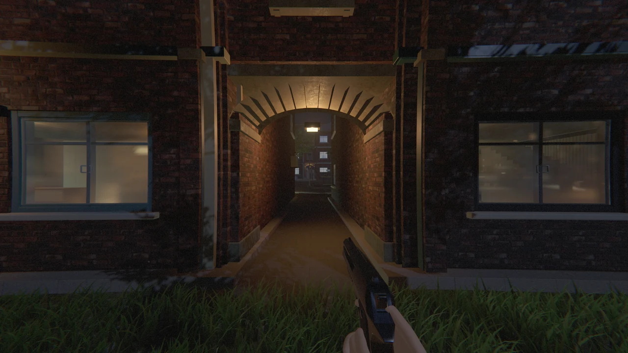 A brick archway leading into a narrow lamp-lit passage, pistol drawn in the foreground.